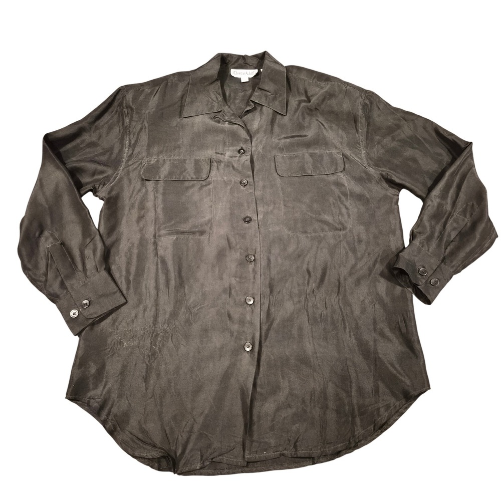 Christie & Jill Black 100% Silk Button Down Long Sleeve Shirt Womens Medium